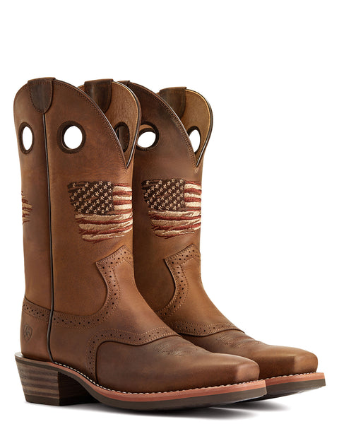 Ariat Womens Round Up Patriot Square Toe Western Boot- Patriotic Distressed  Brown