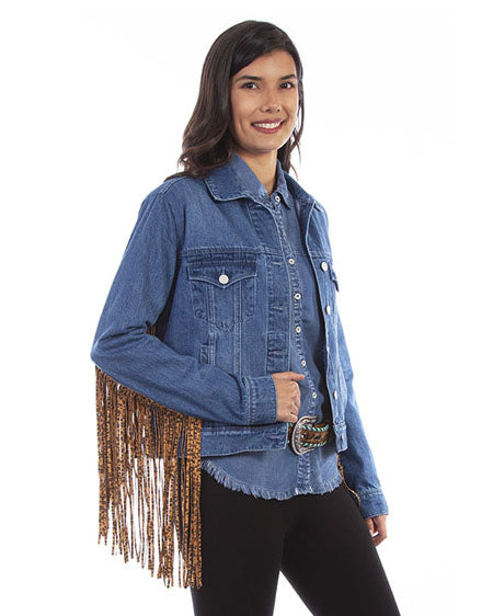 Denim Jacket W/Leopard Fringe Hc647-Den