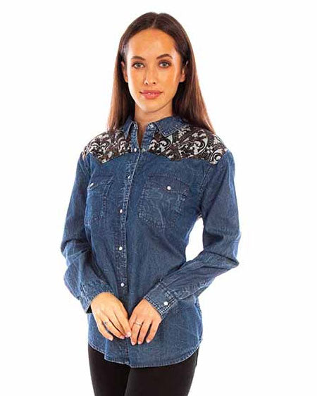 Women's Denim Blouse with Jacquard Contrast