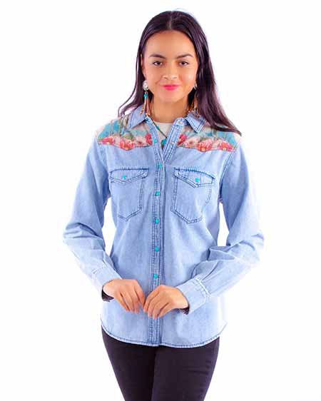 Cactus Print Denim Top Hc901-Den