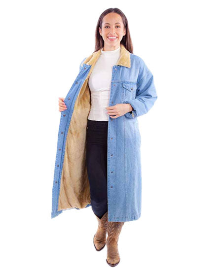 Women's Long Denim Jacket with Sherpa Lining