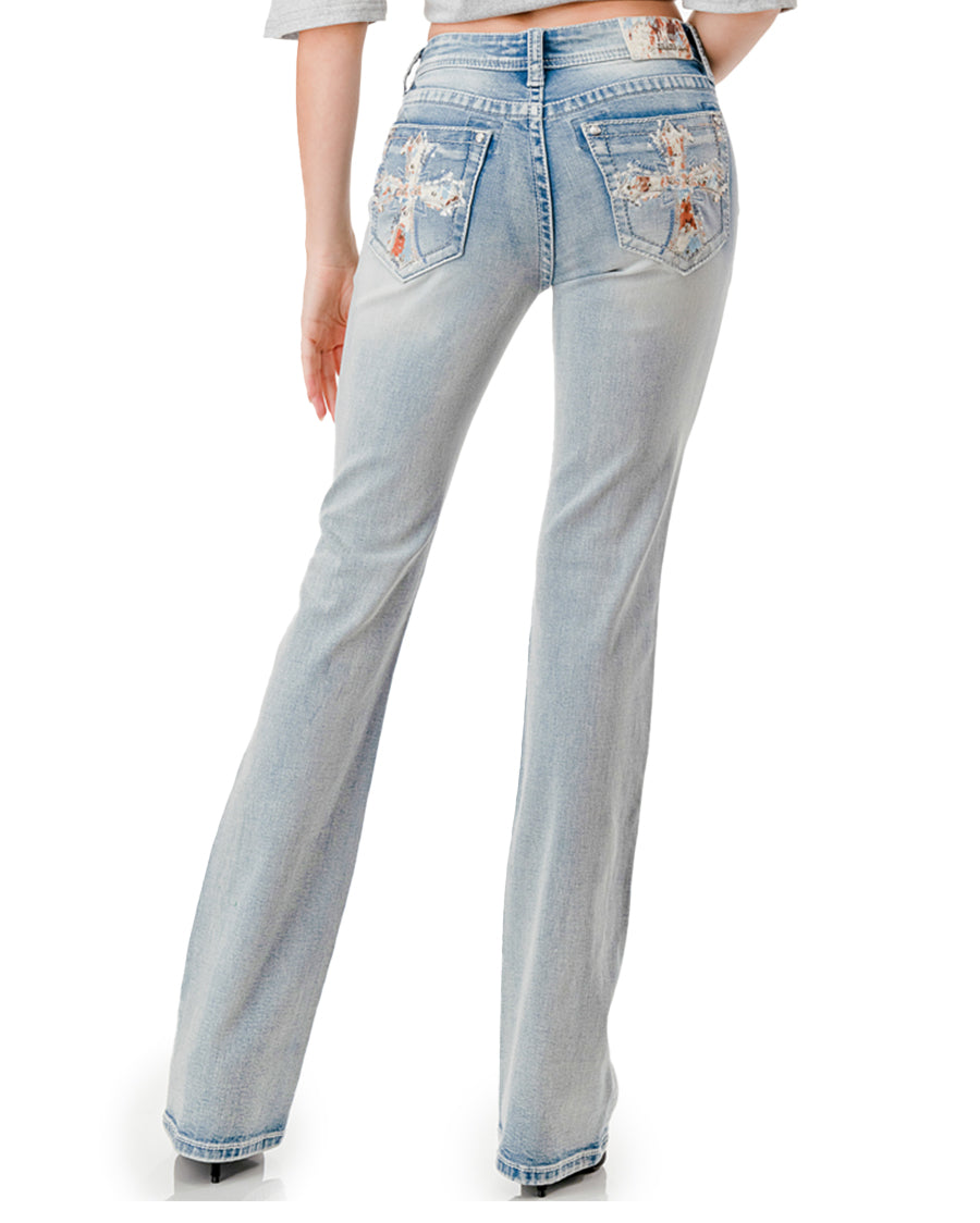 Women's Light Wash Cross Embroidery Boot Cut Jeans