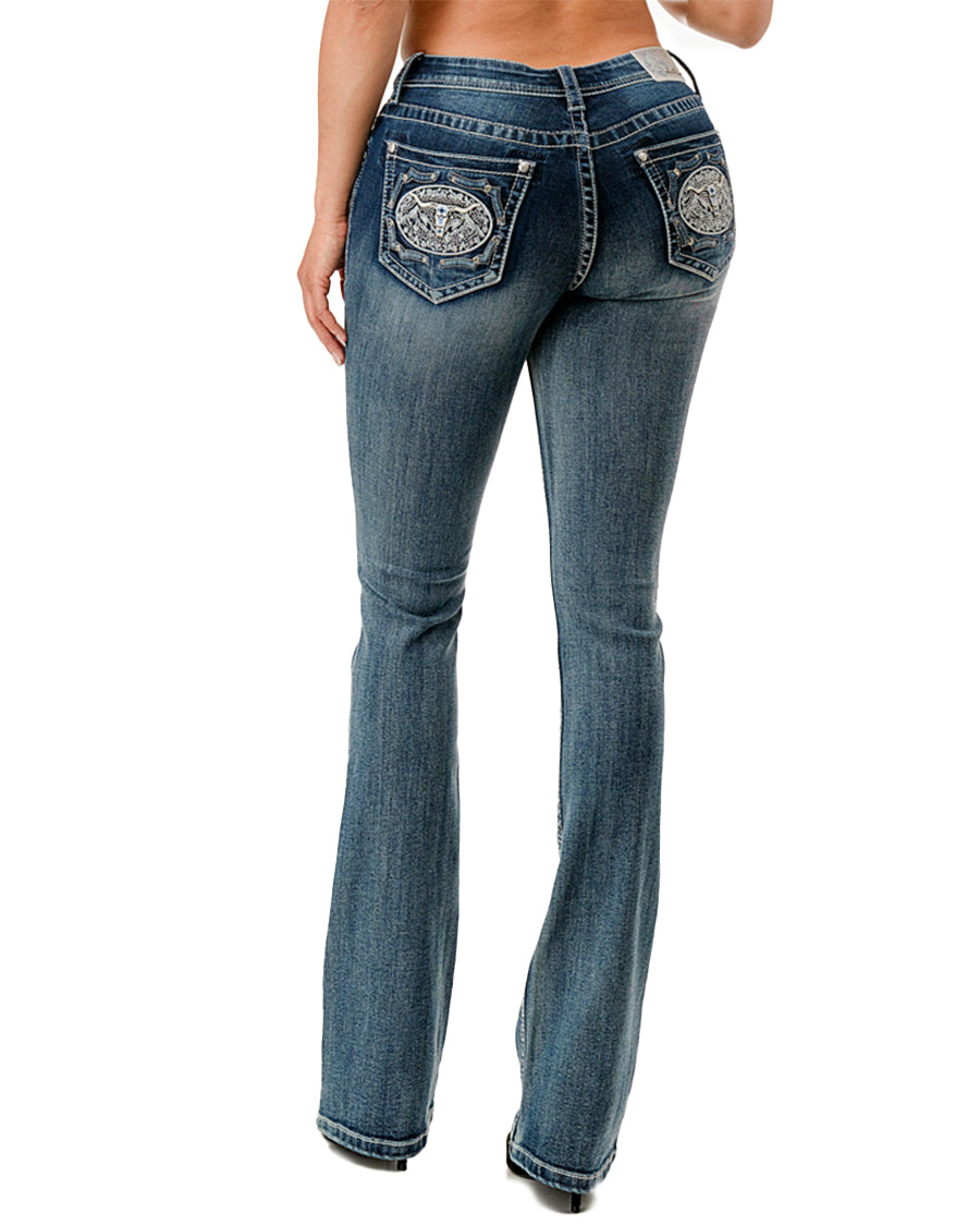 Women's Embroidered Buckle Boot Cut Jeans