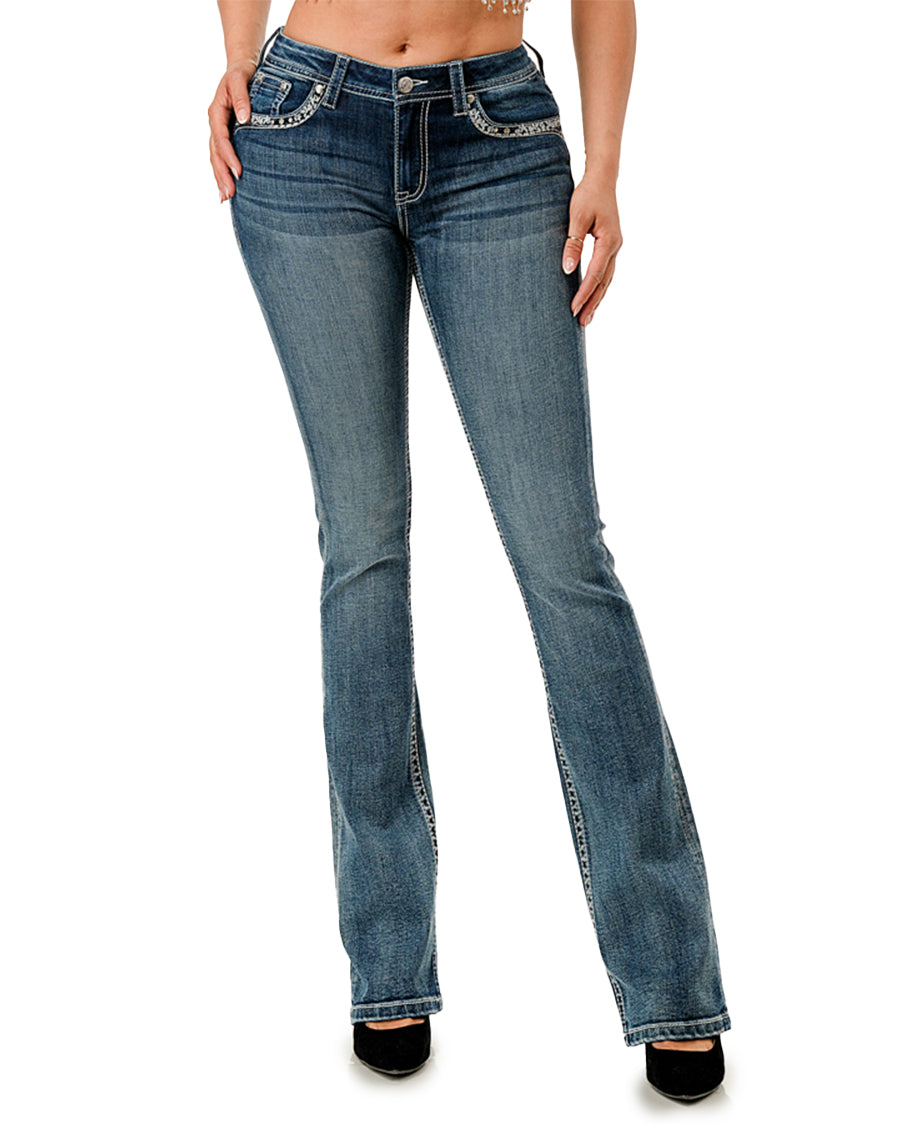 Women's Embroidered Buckle Boot Cut Jeans