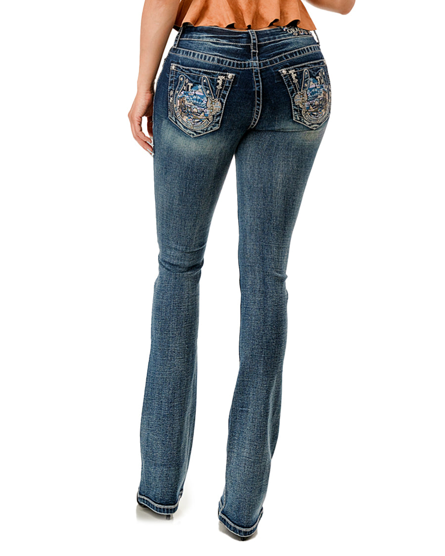 Women's Embroidered Sunset Horseshoe Boot Cut Jeans