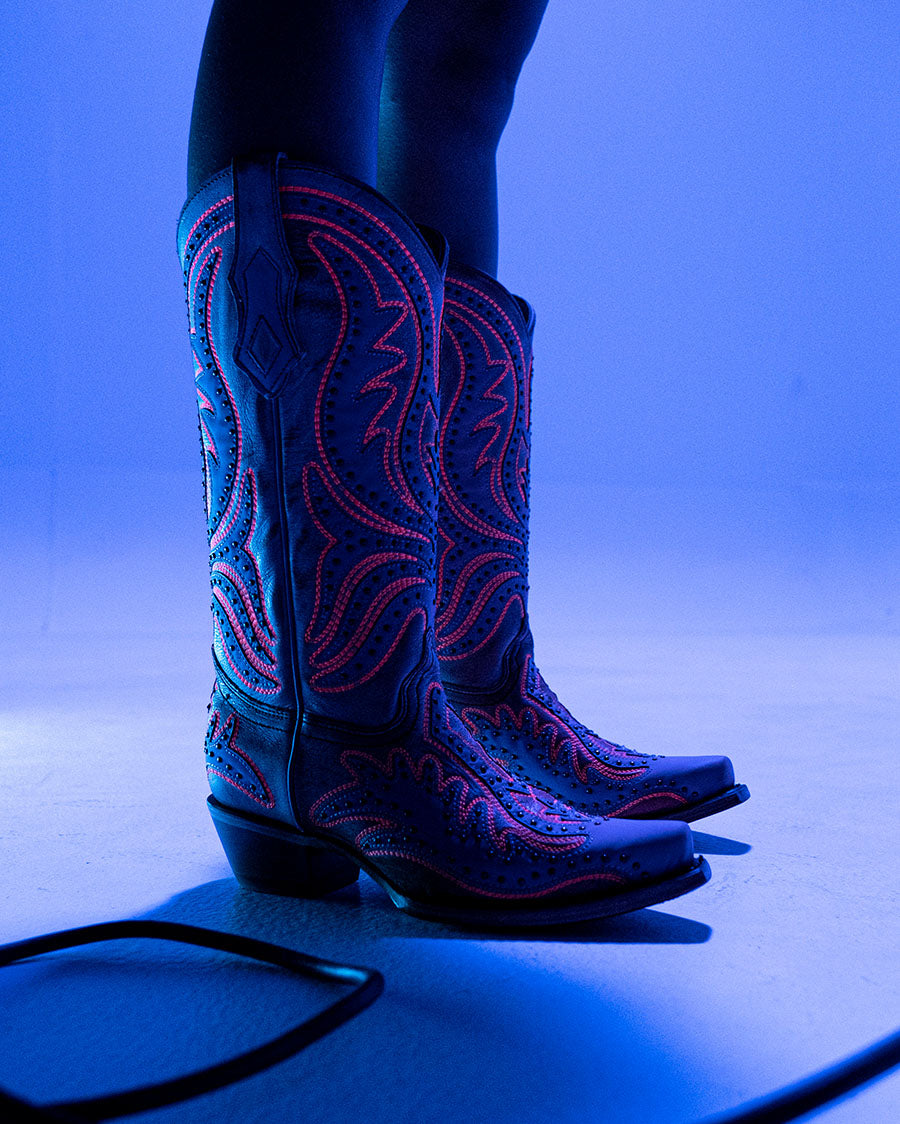 Women's Overlay with Fluorescent Embroidery & Studs Western Boots