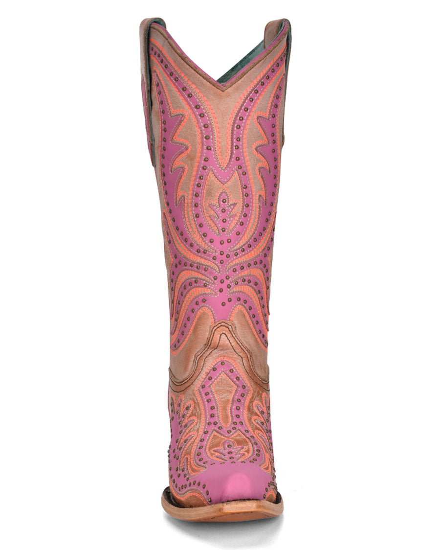 Women's Overlay with Fluorescent Embroidery & Studs Western Boots