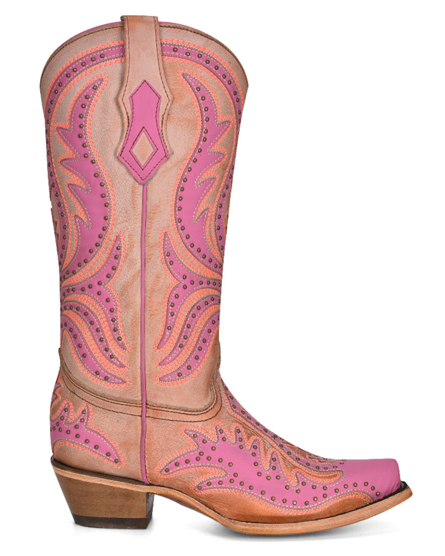 Women's Overlay with Fluorescent Embroidery & Studs Western Boots