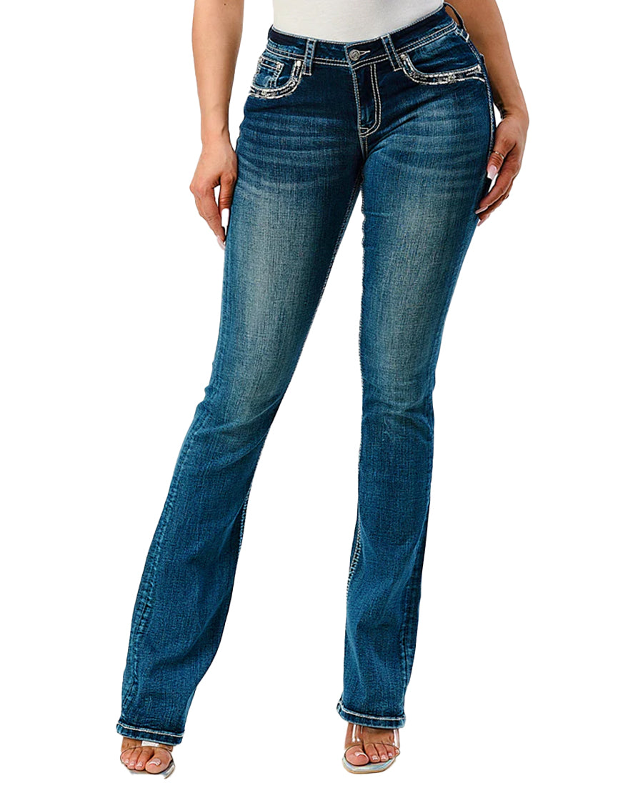 Women's Feather Faux Flap Embellishment Mid Rise Bootcut Jeans