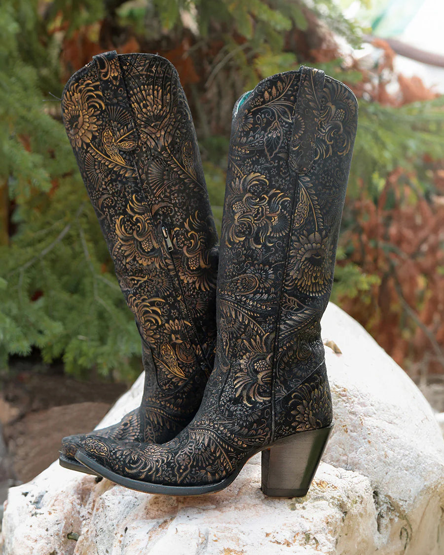 Women's Stamped Floral Suede Tall Top Western Boots