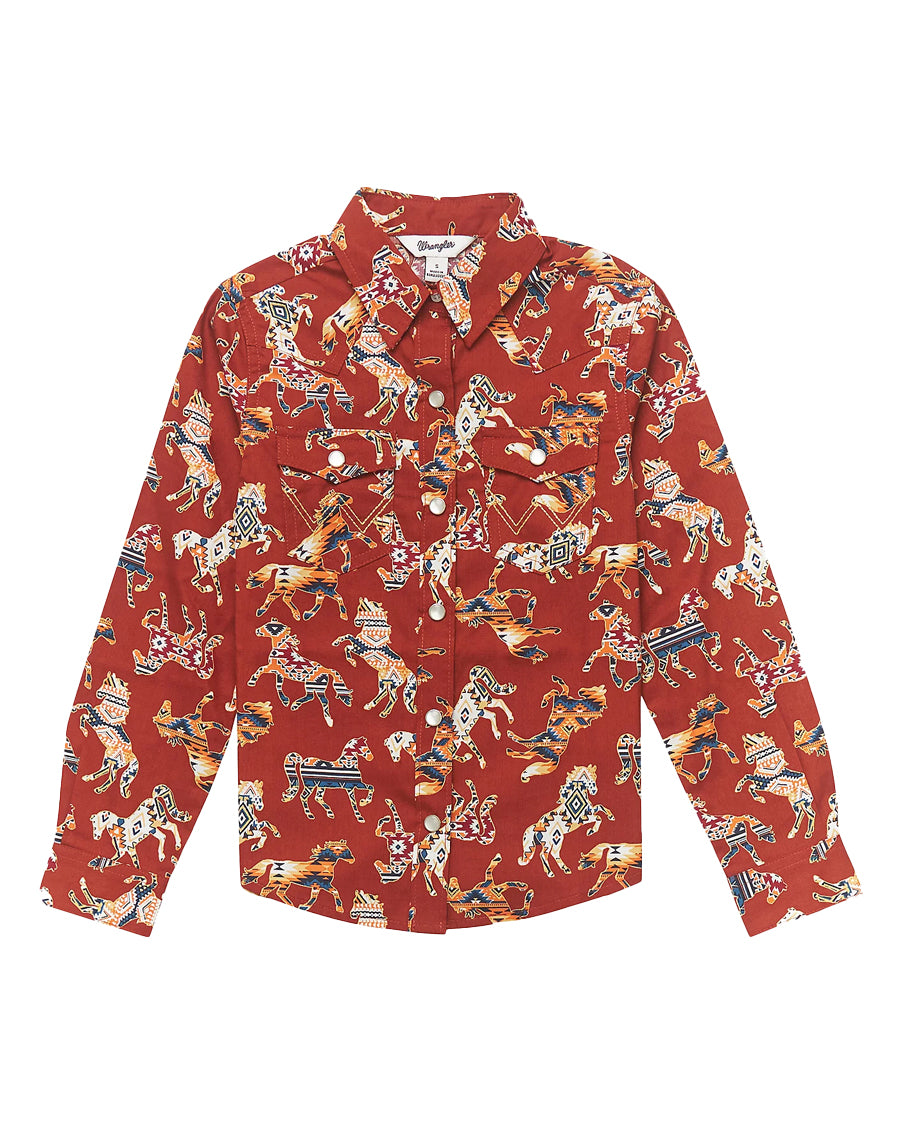 Girls' Cowboy Horse Print Western Snap Shirt