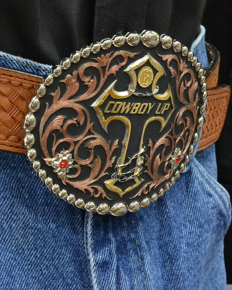 Tri Color Cowboy Up Attitude Belt Buckle