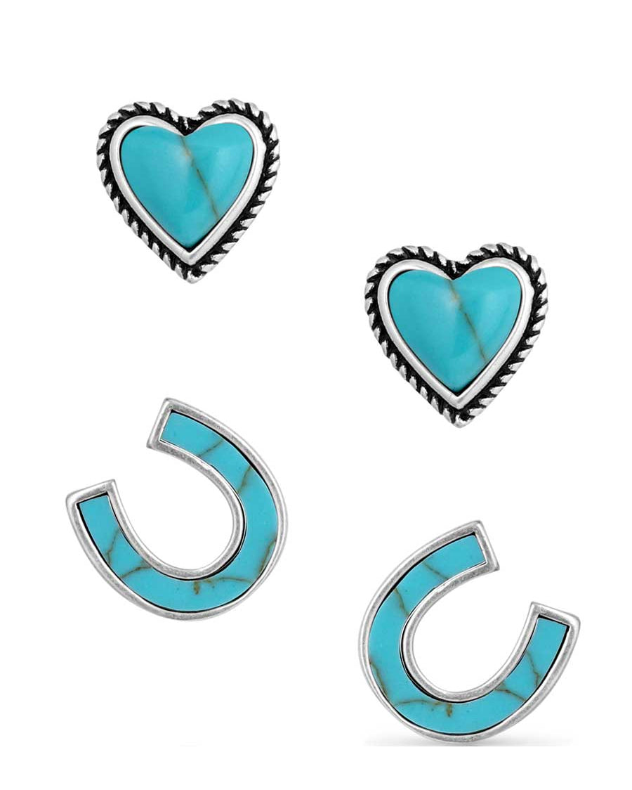 Women's Turquoise Heart & Horseshoe Earring Set