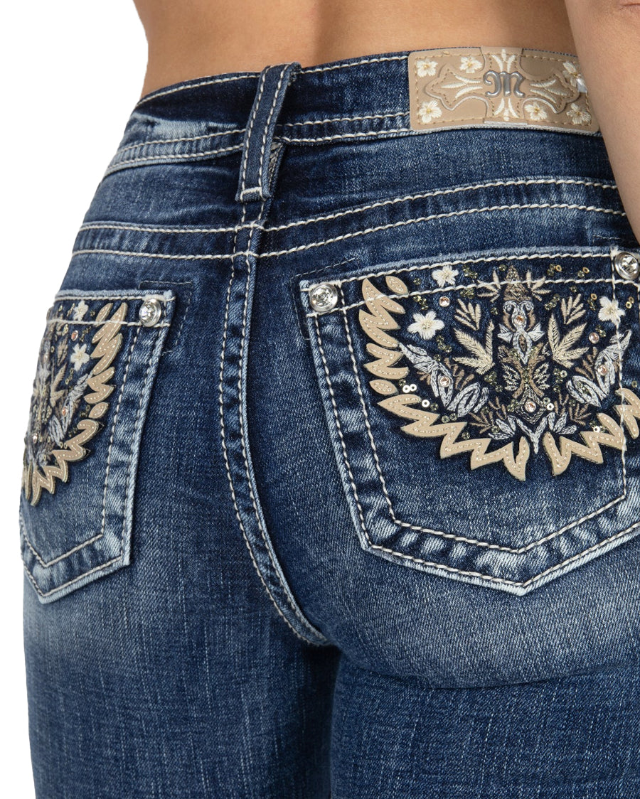 Women's Embroidered Leaves and Flowers Bootcut Jeans