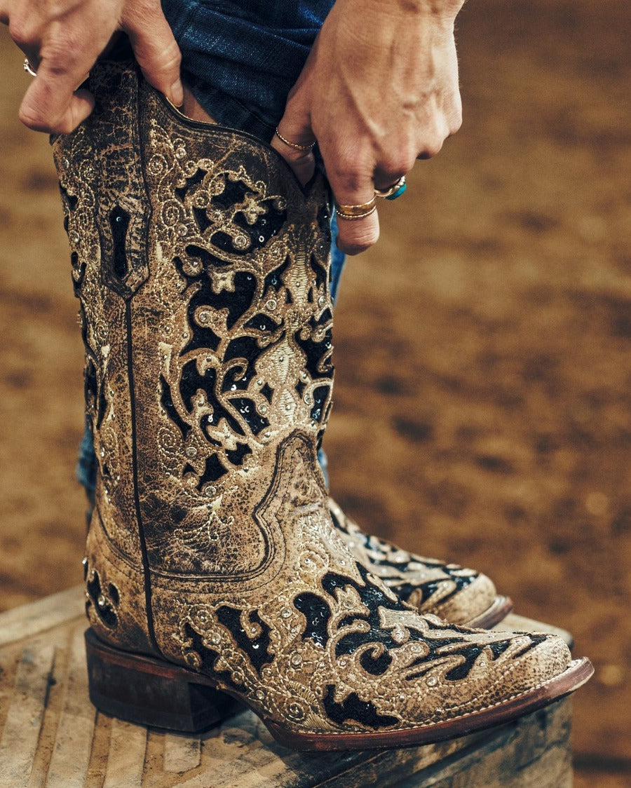 Women's Sequin Inlay Floral Embroidered Boots