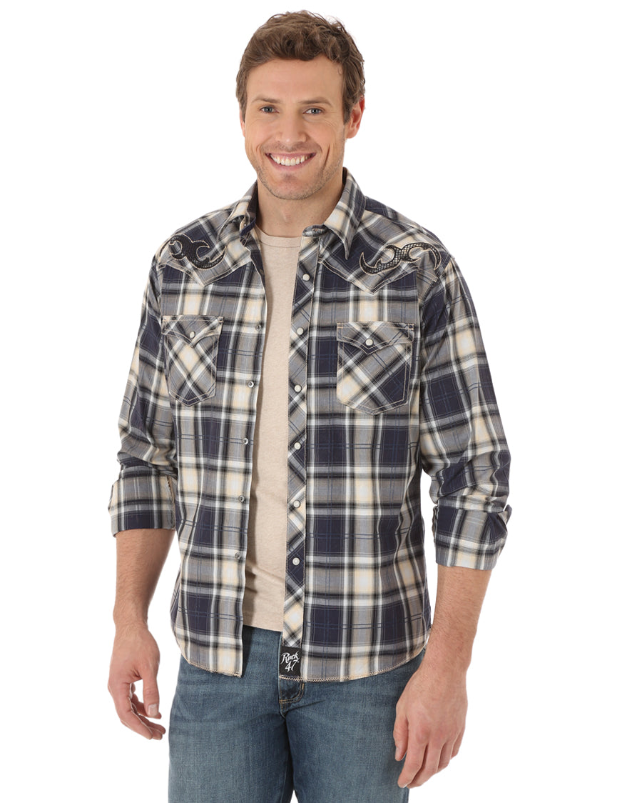 Mens Rock 47 Western Plaid Long Sleeve Shirt - Black