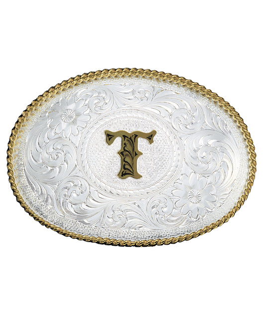 Engraved Initial T Medium Oval Buckle