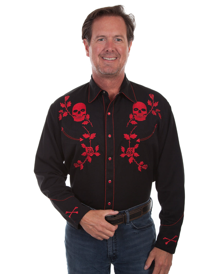 Men's Skull & Roses Embroidered Western Shirt