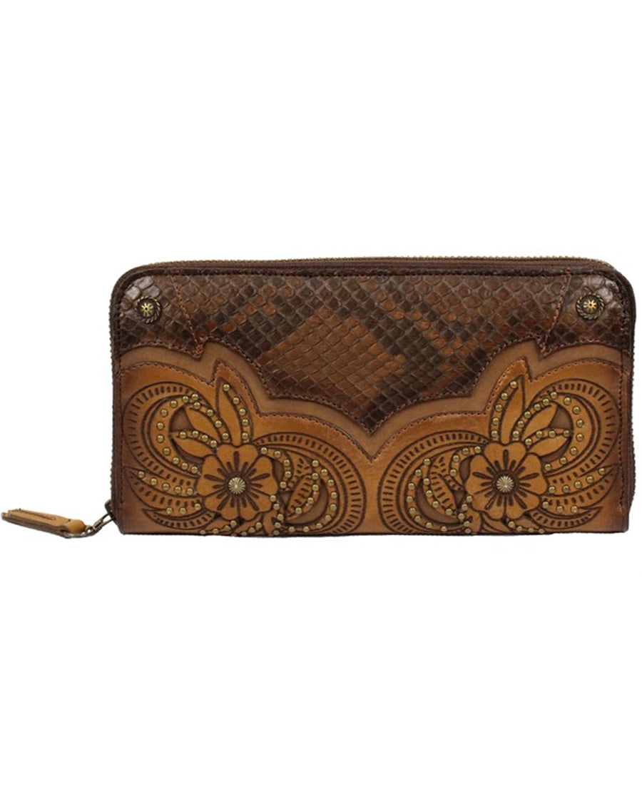 Womens Laser Cutout Python Wallet - Tobacco