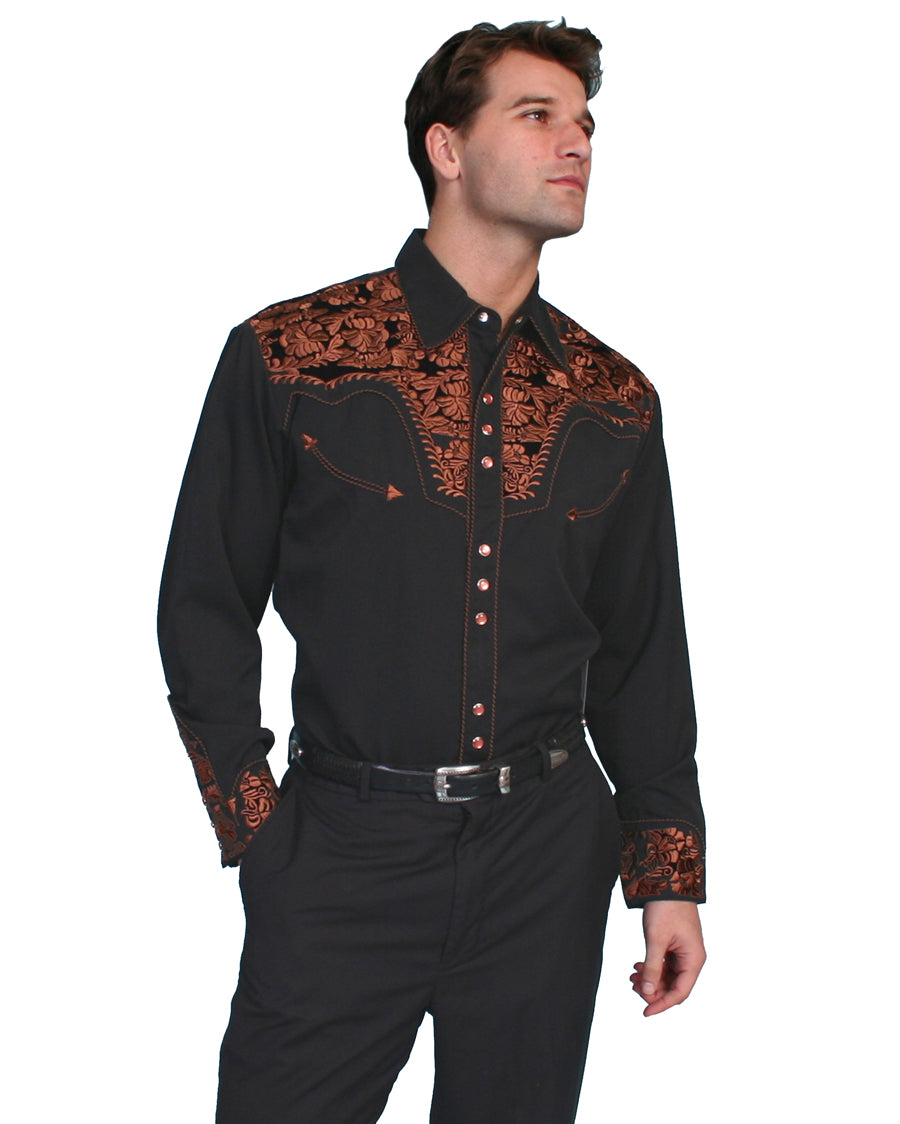 Mens Floral Embroidered Western Shirt - Black