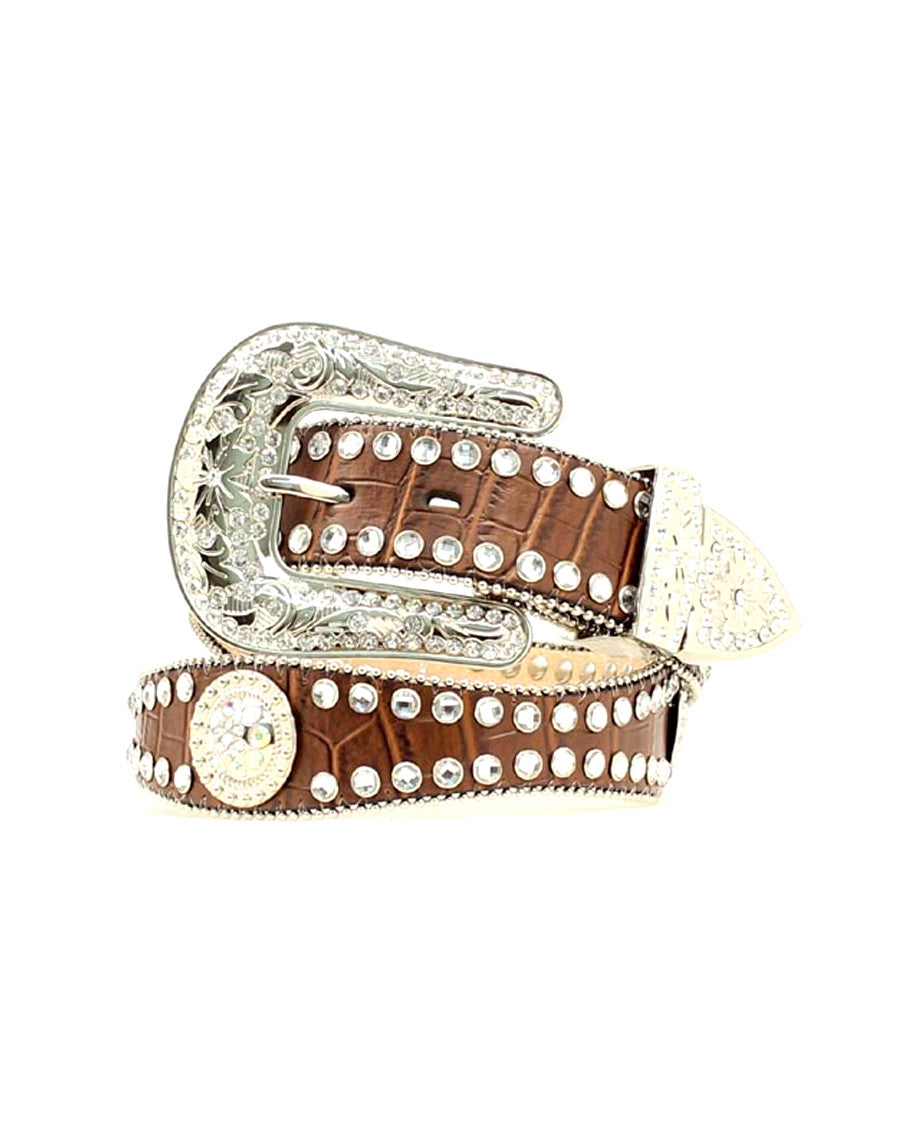 Womens Rhinestone Leather Belt - Brown