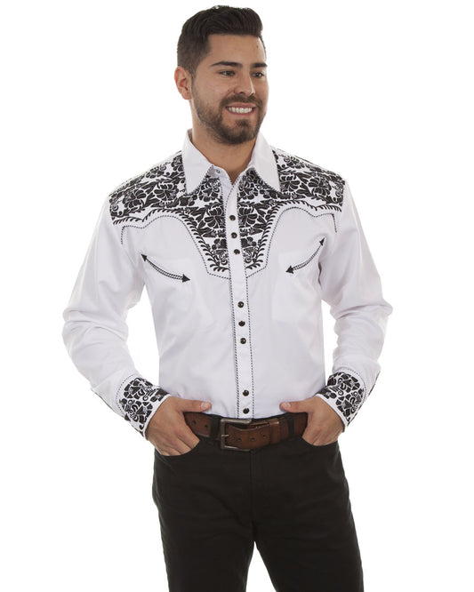 Mens Floral Embroidered Western Shirt - White & Black