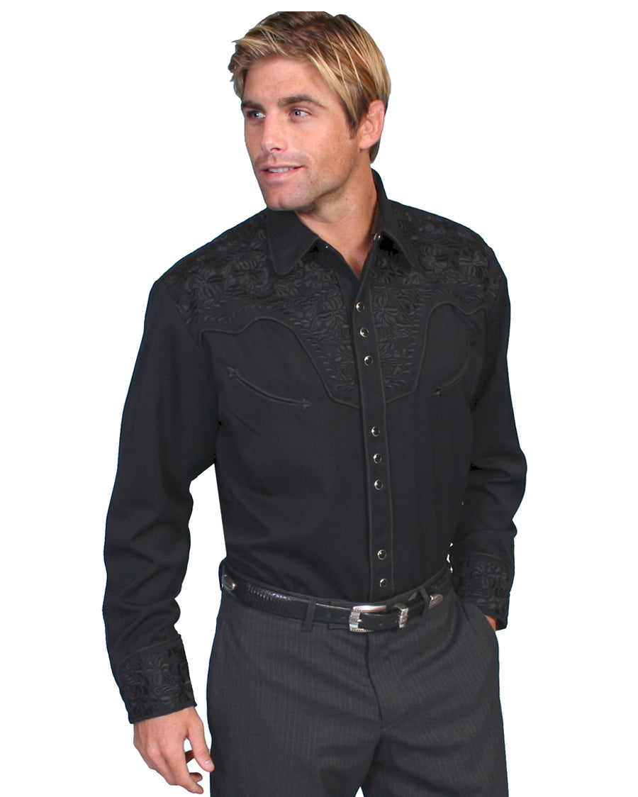 Mens Floral Embroidered Western Shirt - Jet Black