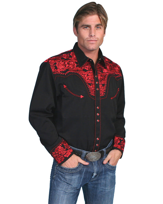 Mens Floral Embroidered Western Shirt - Crimson