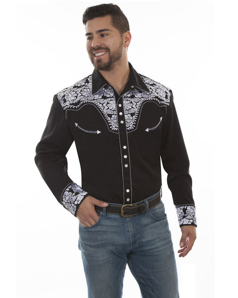 Mens Floral Embroidered Western Shirt - Black & White – Skip's Western ...