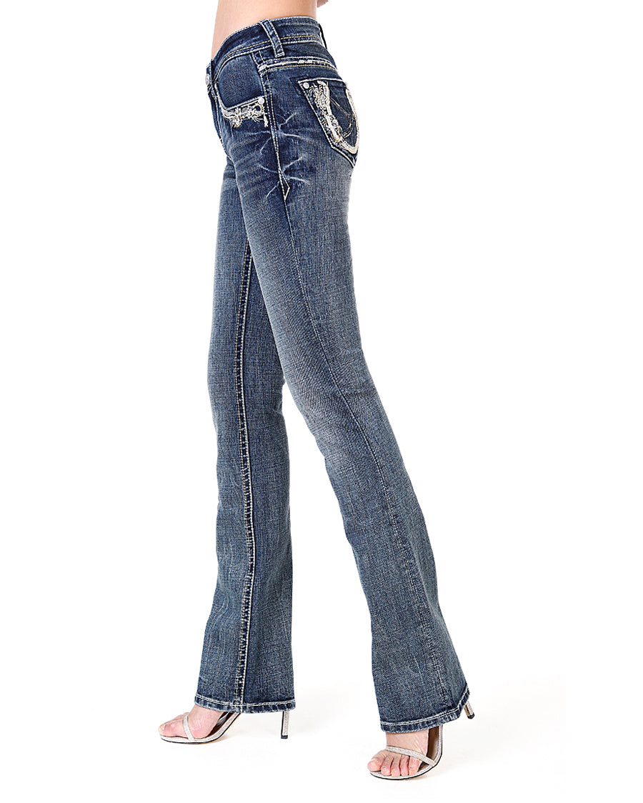 Women's Junior Fit Horseshoe Pocket Boot Cut Jeans