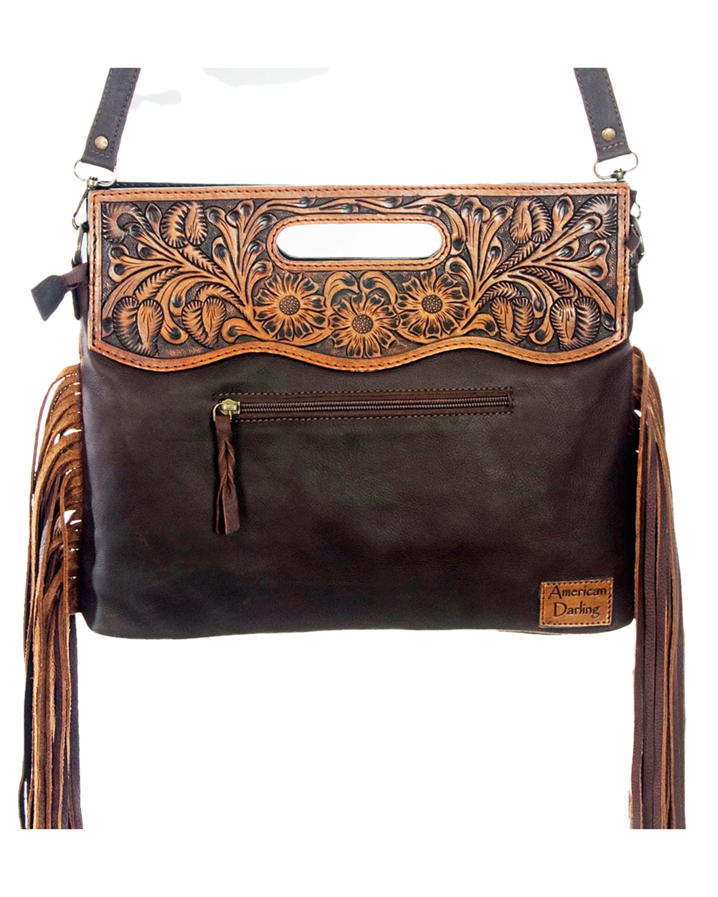 Women's Cowhide Tooled Top with Crossbody Strap Bag