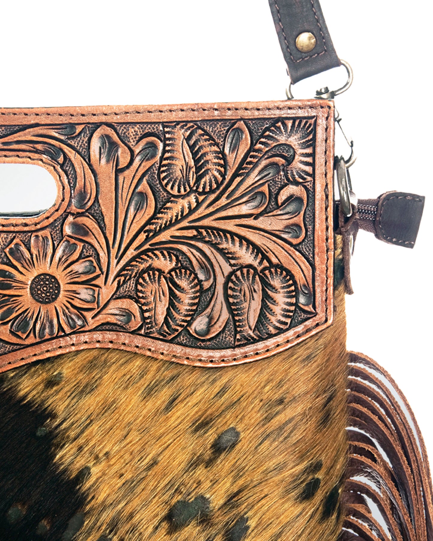 Women's Cowhide Tooled Top with Crossbody Strap Bag