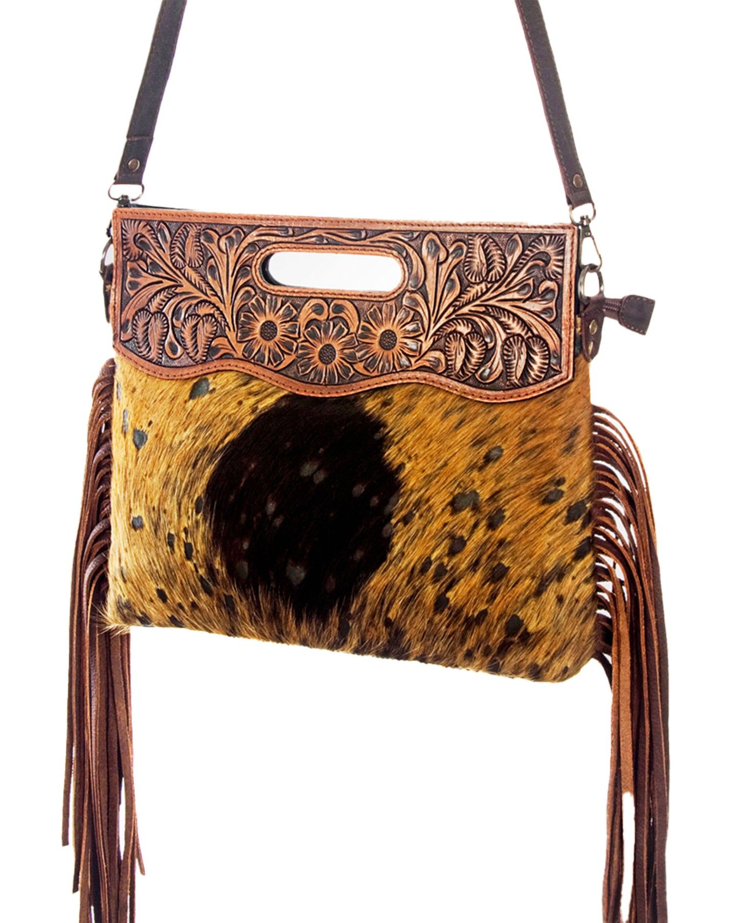 Women's Cowhide Tooled Top with Crossbody Strap Bag