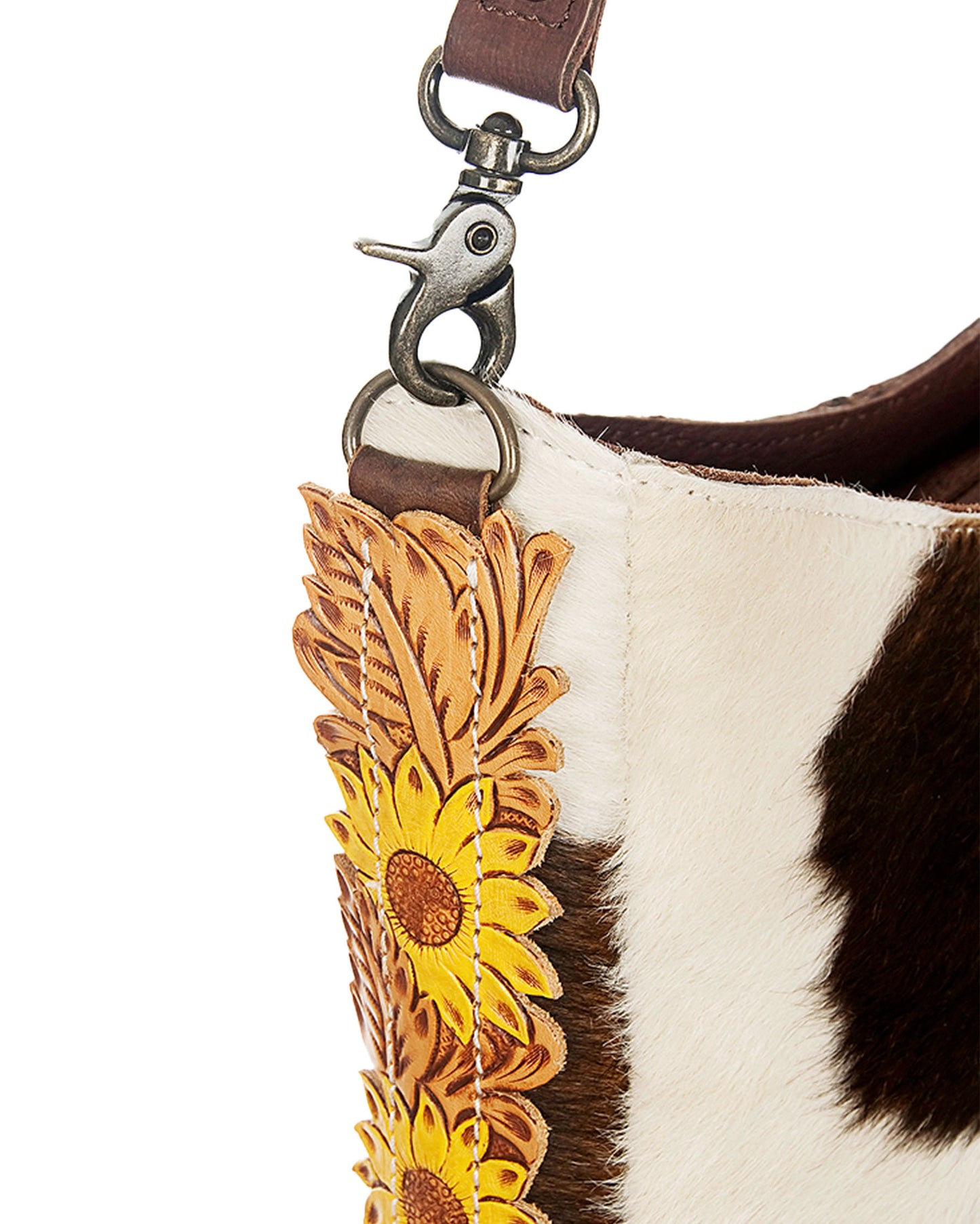 Women's Large Hair-On Hide Tooled Sunflower Crossbody