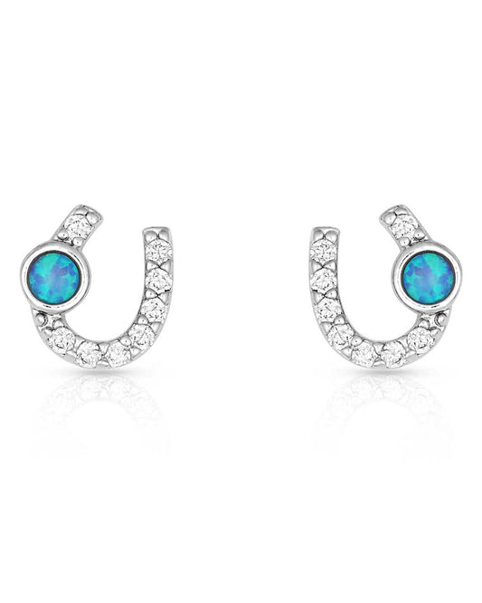 Women's Mini Clear Stone Horseshoe and Opal Earrings