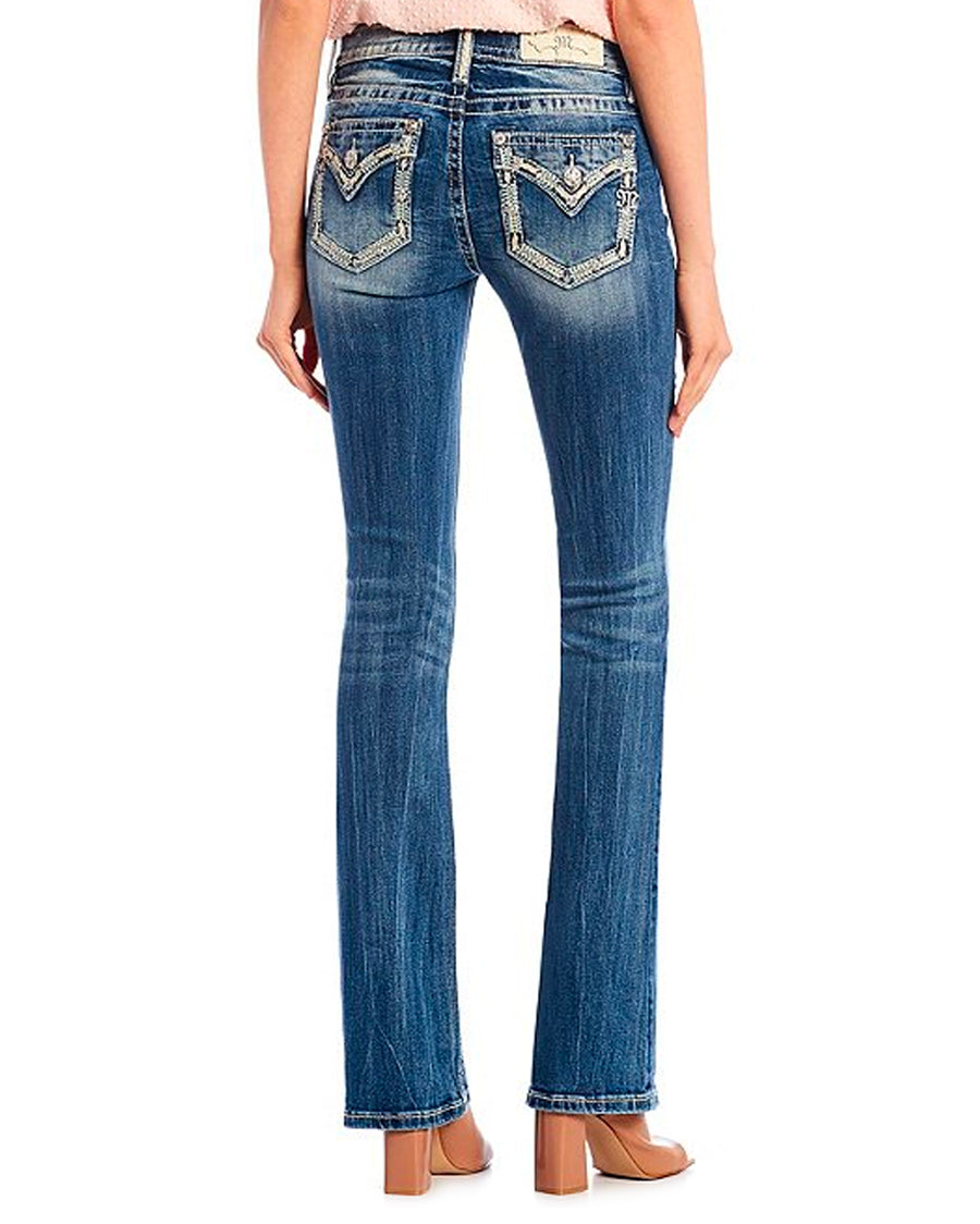 Women's Destructed Embellished Stitch Floral Bootcut Jeans