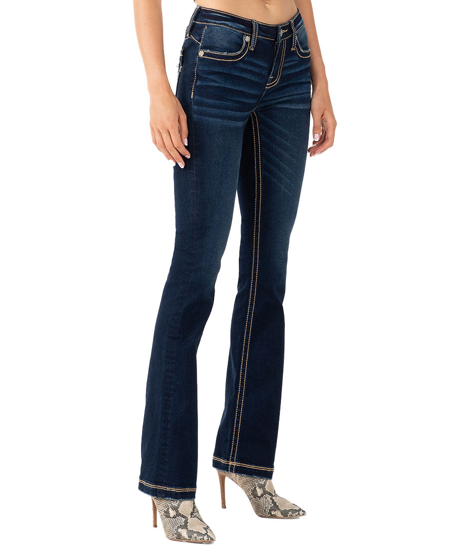 Women's Pocket Distressed Mid-Rise Bootcut Jeans