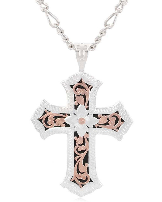 Women's Two Tone Antiqued Floral Cross Necklace